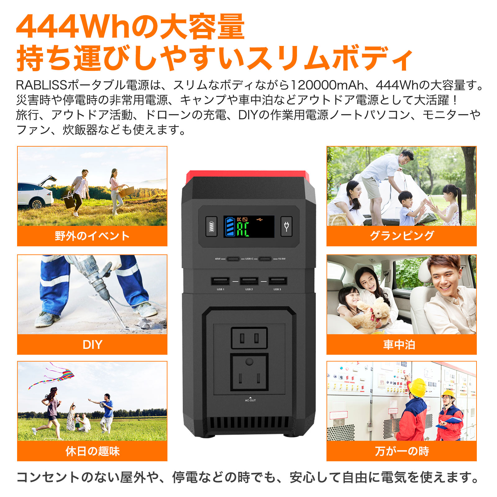 ポータブル電源 超大容量 120000mAh、444Wh 家庭用蓄電池 【1年間保証